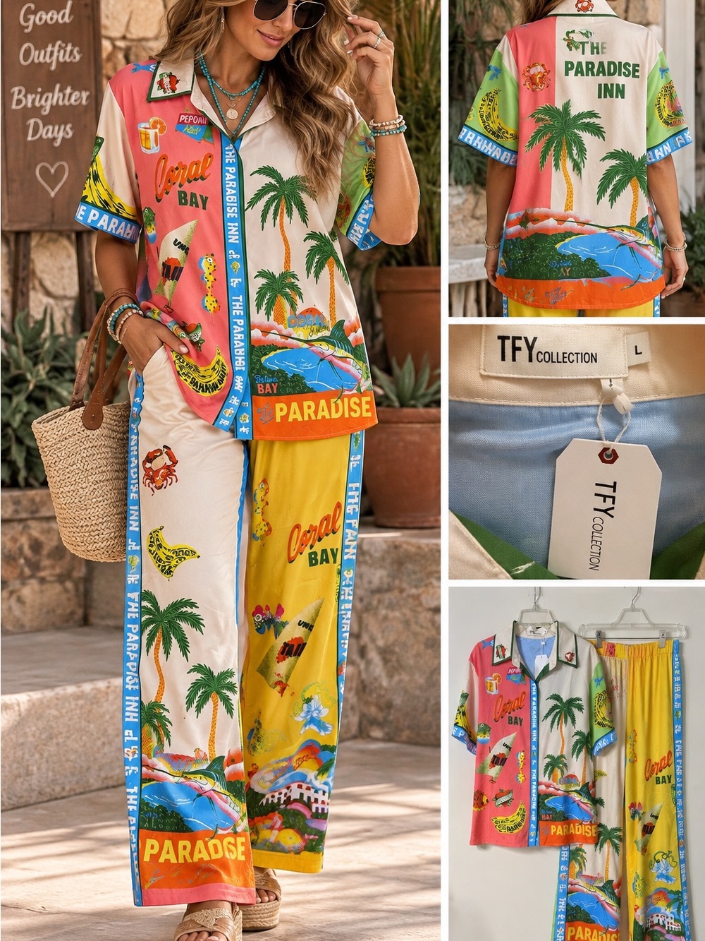 TFY Collection Tropical Paradise Matching Set Size L Shirt Wide Leg Pants NWT